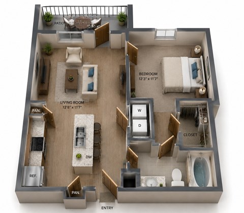 Floor plan for 1 bed, 1 bath, 624 sqft